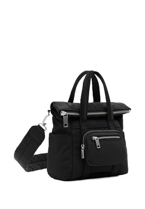 Schwarzer Nylon-Rucksack mit zwei Griffen und abnehmbarem Schultergurt, ausgestattet mit mehreren Reißverschlusstaschen und einer strukturierten Oberfläche.