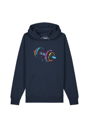 Sweat à capuche bleu marine avec poche avant, cordons réglables et un graphique coloré d’une barre avec des poids sur la poitrine.