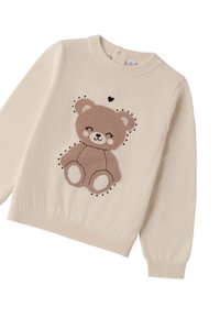 Maglione lavorato a maglia color crema con un design di orsetto marrone e un cuore. Polsini e orlo a coste. Tessuto morbido, vestibilità casual.