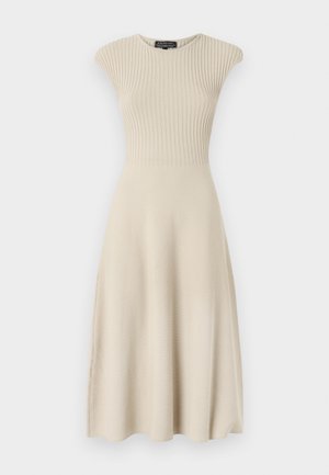 Knit dress in light beige with ribbed texture, cap sleeves, and a flared skirt. Simple, form-fitting design with no visible fastenings.