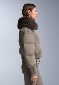 Rövid, szürke steppelt dzseki nagy, sötét szőrme gallérral; bordázott alsó szegéllyel és mandzsettákkal. Sima felületű, testhezálló kialakítású, látható záróelemek nélkül.