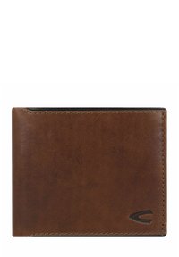 Portafoglio in pelle marrone con una texture liscia, caratterizzato da un bordo cucito e un piccolo logo in basso a destra.