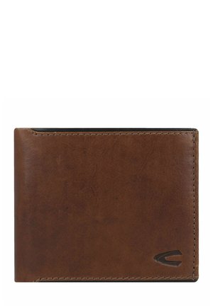 Portefeuille en cuir brun avec une texture lisse, doté d'une bordure surpiquée et d'un petit logo dans le coin inférieur droit.