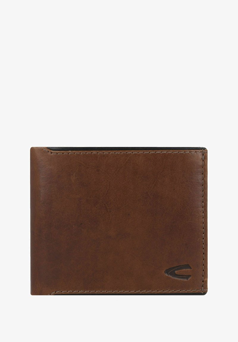 Bruine leren portemonnee met een gladde textuur, voorzien van een gestikte rand en een klein logo-detail in de rechteronderhoek.