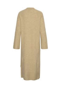 Cardigan lungo, beige, con un motivo di maglia testurizzato, davanti aperto e maniche a tre quarti; presenta spacchi laterali per facilitare i movimenti.