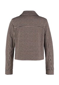 Schwarz-rosa Hahnentritt-Musterjacke, cropped Design, lange Ärmel, Reverskragen, nahtloser Rücken, strukturierter Stoff.