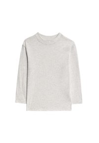 Hellgraues Langarm-T-Shirt aus weichem Baumwollstoff. Es hat einen runden Ausschnitt und eine lockere Passform, ohne sichtbare Muster oder Grafiken.