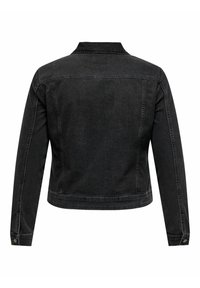 Veste en denim noir vue de dos avec manches longues, poignets boutonnés et détails de coutures sur fond blanc.