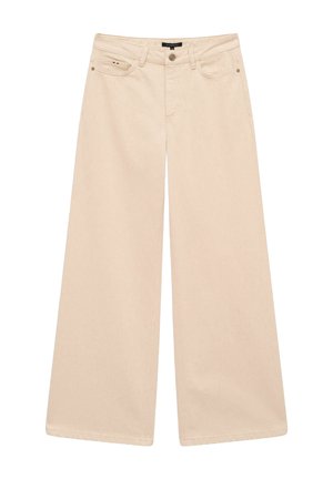 Beige Jeans mit weitem Bein und hoher Taille aus Denim. Verfügt über vordere Taschen, einen Knopfverschluss und sichtbare Nähte entlang der Nähte.