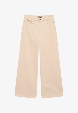 Beige Jeans mit weitem Bein und hoher Taille aus Denim. Verfügt über vordere Taschen, einen Knopfverschluss und sichtbare Nähte entlang der Nähte.