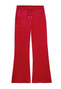 Rode fluwelen uitlopende broek met een trekkoord in de taille, twee voorkruiden en een gladde textuur. Ontworpen voor comfort en casual gebruik.