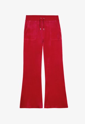 Pantaloni evazați din velur roșu, cu talie reglabilă, două buzunare frontale și textură fină. Concepuți pentru confort și purtare lejeră.