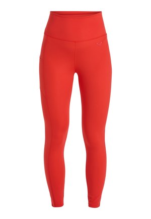 Red high-waisted leggings with a smooth texture, featuring a side pocket and a small logo above the waistband. Form-fitting design.