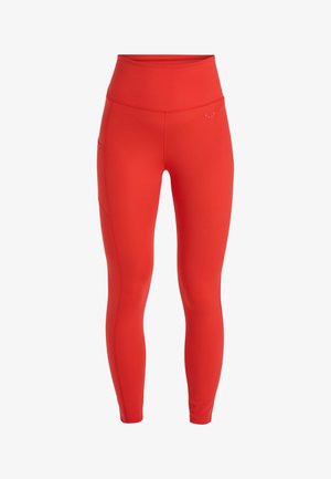 Rode high-waisted legging met een gladde textuur, voorzien van een zijzak en een klein logo boven de tailleband. Strak aansluitend ontwerp.