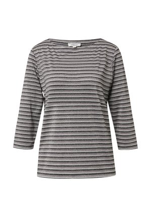 Gestreept grijs langemouwen shirt met een bootnek. Kenmerkt zich door horizontale patronen met metallic accenten voor textuur. Gemaakt van zachte stof.