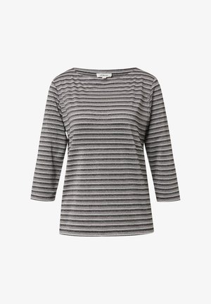 Striped gray long-sleeve top with a boat neckline. Features horizontal patterns with metallic accents for texture. Made from soft fabric.