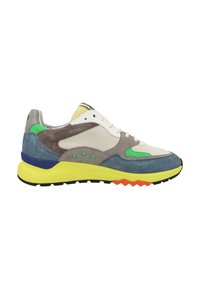 Sneaker multicolore con un mix di materiali in suede e mesh. Presenta una suola gialla, accenti verdi e dettagli grigi, blu e arancioni.