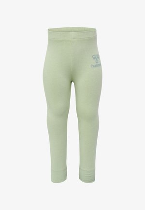 Lysgrønne leggings lavet af strækbart stof, med en tætsiddende pasform og elastisk talje; inkluderer et lille logo på siden.