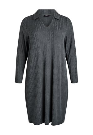 Pilkas ilgas rankovėmis suknelė su V formos kaklu ir apykakle. Pasižymi tekstūruotu mezgimo raštu su vertikaliomis linijomis. Laisvas kirpimas.