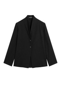 Giacca nera con collo a scampo, maniche lunghe e due bottoni frontali. Realizzata in un tessuto testurizzato, presenta una vestibilità dritta e un design minimal.