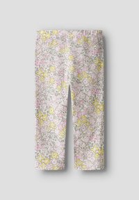 Leggins s cvjetnim uzorkom u pastelnim tonovima s ružičastim, žutim i sivim cvjetovima na svijetloj pozadini; elastična talija.