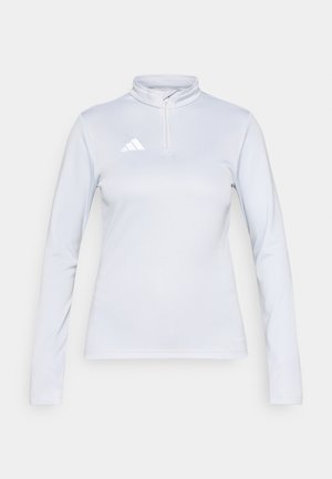 Long-sleeve light gray pullover with a quarter-zip neck, featuring white Adidas logo on the left chest and soft stretch fabric.