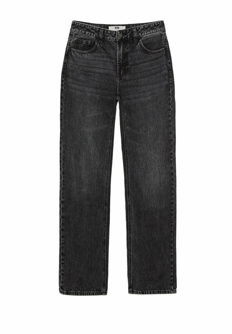 Jeans in denim nero con una vestibilità dritta, dotati di cinque tasche, chiusura con bottone in metallo e una texture sbiadita. Decorazioni cucite su tutta la superficie.