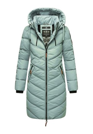 Manteau d'hiver long bleu pâle avec un motif en chevrons, fermeture éclair à l'avant, deux poches latérales et une capuche amovible avec cordons de serrage ajustables.