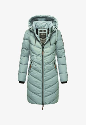 Svetlomodrý dlhý puffový kabát s chevronovým vzorom, so zipsom vpredu, dvoma bočnými vreckami a odnímateľnou kapucňou s nastaviteľnými sťahovacími šnúrkami.