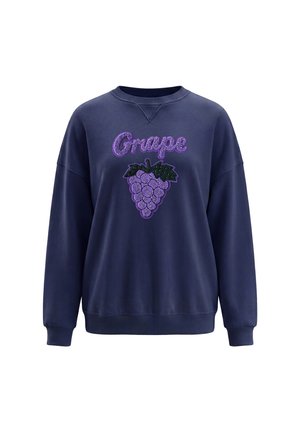Felpa blu navy con maniche lunghe, con un grappolo d'uva di paillettes viola e la parola "Grape" in paillettes viola sul davanti.