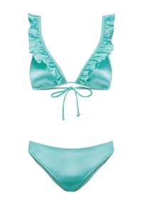 Türkisfarbenes Bikini-Set mit einem Triangel-Oberteil mit Rüschensaum und verstellbarem Bindeband, kombiniert mit einem passenden einfarbigen Unterteil.