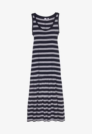 Vestido sin mangas a rayas en azul marino y blanco, con escote en forma de barco, dobladillo en capas y fabricado en suave algodón.