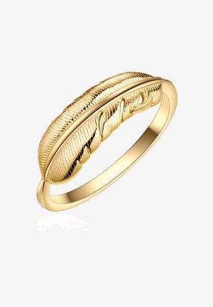 Auksinis žiedas su tekstūruota lapo dizaino apdaila, išsiskiriantis detaliu lapų raštu, lygiu dirželiu ir blizgiu paviršiumi, pabrėžiantis modernų estetiką.