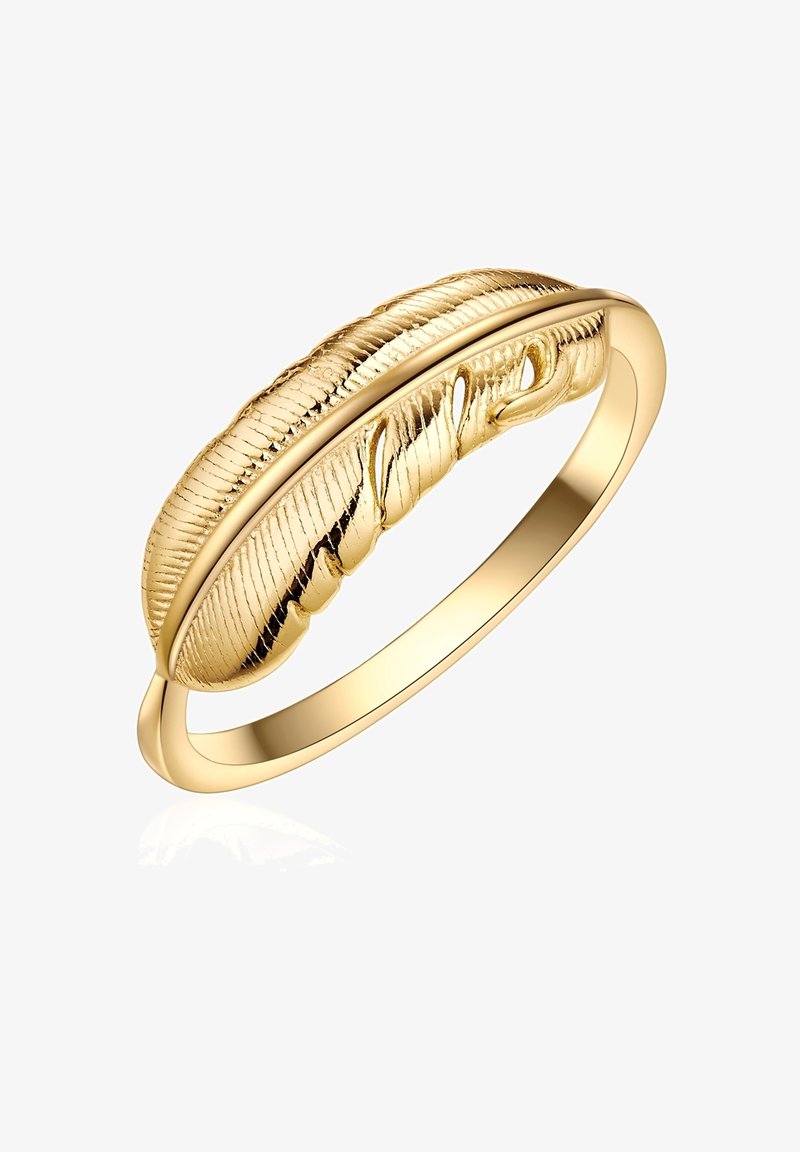 Zlatni prsten sa teksturiranim dizajnom lista s detaljnim venama, glatkom trakom i sjajnom završnom obradom, koja prikazuje moderan estetiki.