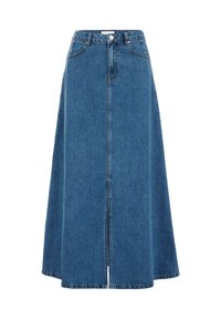 Džínová maxi sukně ve středně modrém odstínu s předním rozparkem, klasickým pěti kapsovým designem a kovovým kováním na pase.