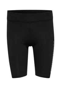 Short de sport noir longueur genou avec une large ceinture et un marquage vertical blanc sur la cuisse droite.