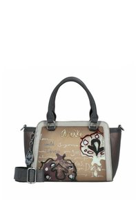 Handtasche mit braunem Lederboden und beigem Oberteil, das mit geprägten Mustern, silbernen Akzenten und doppelten Griffen verziert ist. Enthält einen verstellbaren Riemen.