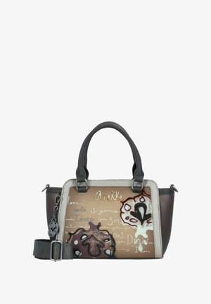 Borsa con base in pelle marrone e parte superiore beige con motivi in rilievo, accenti in argento e doppio manico. Include una tracolla regolabile.