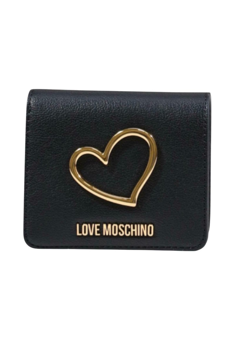 Portafoglio nero texturizzato con un emblema a forma di cuore aperto dorato e logo "LOVE MOSCHINO" in lettere dorate sulla parte anteriore.