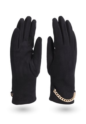 Guanti neri realizzati in morbido tessuto presentano un design elegante, con un accentuato bracciale dorato sul polso per un dettaglio aggiuntivo.