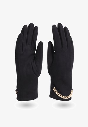Guanti neri realizzati in morbido tessuto presentano un design elegante, con un accentuato bracciale dorato sul polso per un dettaglio aggiuntivo.