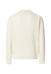 Cremefarbener Strickpullover, weiche Textur, lockerer Schnitt, Rundhalsausschnitt, lange Ärmel, gerippte Bündchen und Saum, minimalistisches Design, keine sichtbaren Verzierungen.