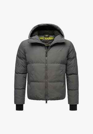 Grå pufferjakke med hette, med glidelås foran og svarte ribbestrikkede mansjetter, designet med en quiltet tekstur og et gult fôr.