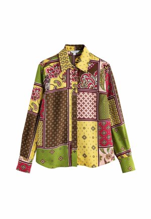 Long-sleeve button-up shirt with a patchwork design featuring floral and geometric patterns in yellow, green, brown, pink, and red colors.