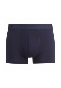Boxer aderenti in cotone blu navy con fascia in vita con logo impresso, caratterizzati da una vestibilità aderente e una texture liscia. Nessun motivo decorativo.