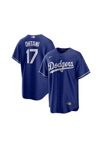 Maillot de baseball bleu en tissu respirant, avec le logo blanc "Dodgers" à l'avant et "Ohtani 17" à l'arrière, et des boutons de fermeture.