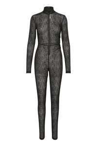 Bodysuit de encaje negro con mangas largas, cuello alto y cierre de cremallera. Presenta un patrón texturizado en todo el artículo y una silueta ajustada.