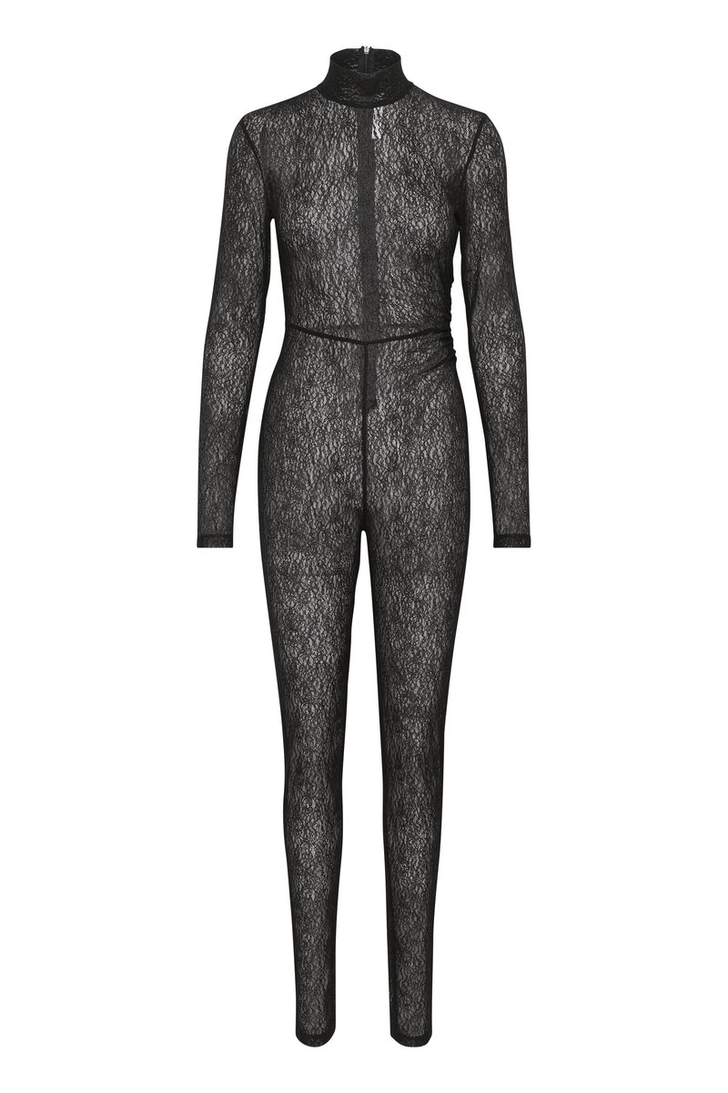 Czarny bodysuit z koronką, z długimi rękawami, wysokim dekoltem i zapięciem na zamek. Posiada teksturowany wzór oraz dopasowaną sylwetkę.