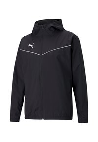 Black lightweight jacket featuring a hood, zip closure, reflective white accents, and a logo on the left chest; smooth texture.