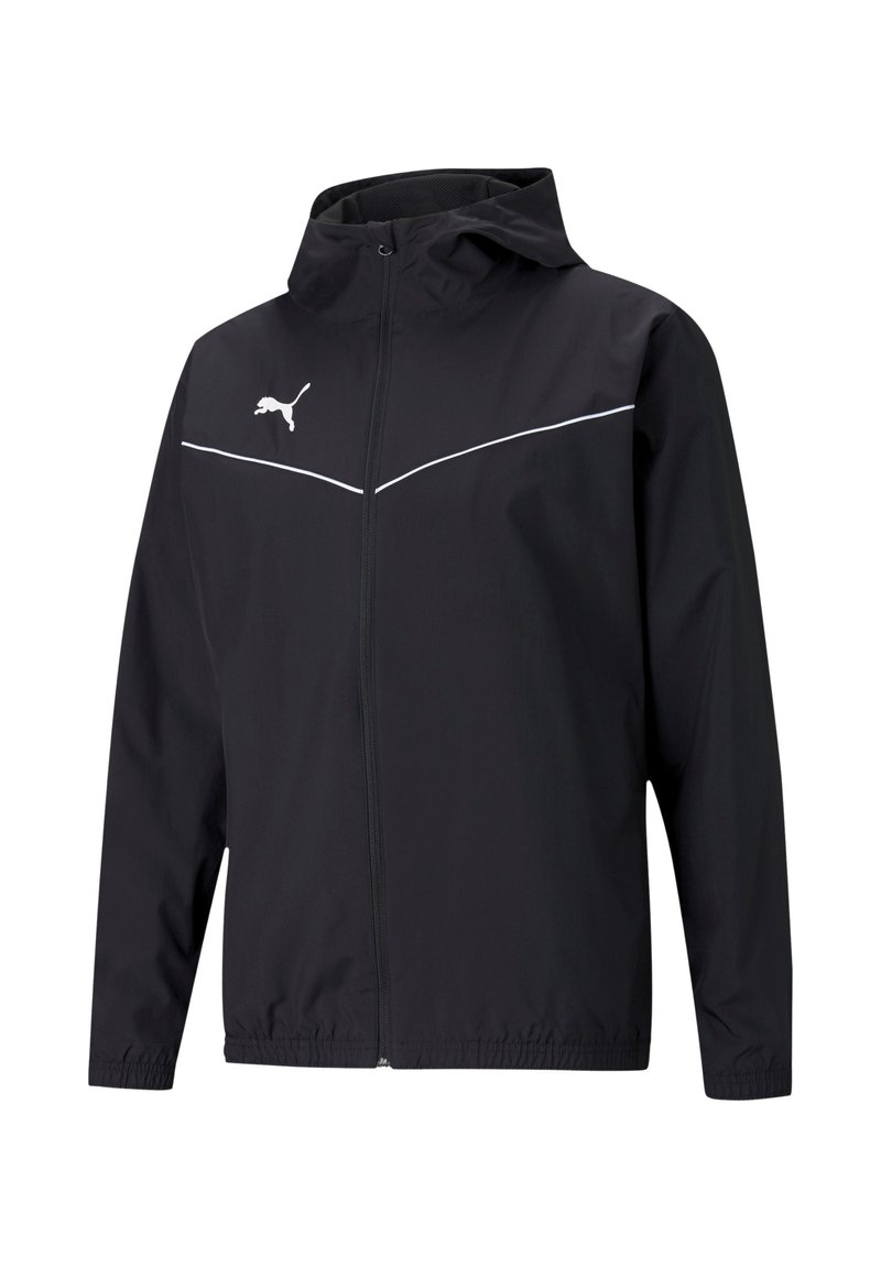 Black lightweight jacket featuring a hood, zip closure, reflective white accents, and a logo on the left chest; smooth texture.